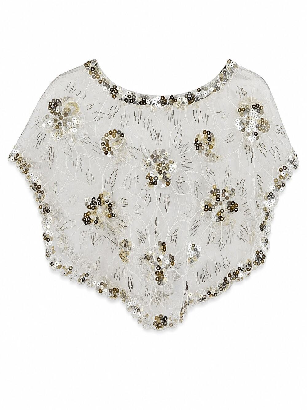 Vintage Sheer Mesh Sequin Beaded Floral Poncho Cape Bridal Evening Womens